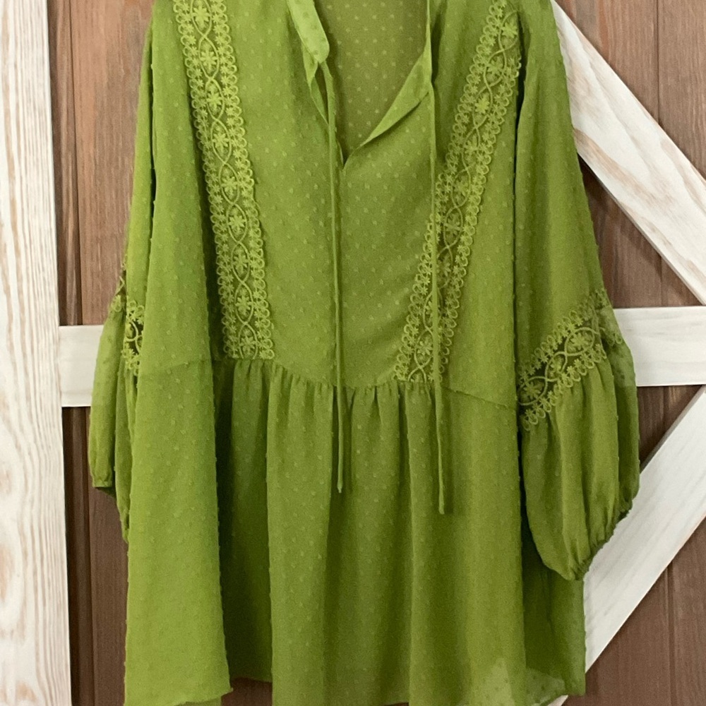 Cato Sheer Green Lace Detail Top. Ballon Sleeves w/Lace SIZE 26/28 EUC/NWOT - Picture 2 of 4